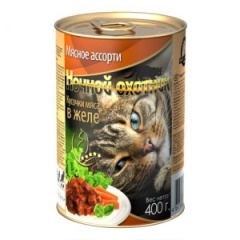 Ночной Охотник консервы для кошек Мясное Ассорти, кусочки в желе, 415 гр Ночной Охотник консервы для кошек Мясное Ассорти, кусочки в желе, 415 гр