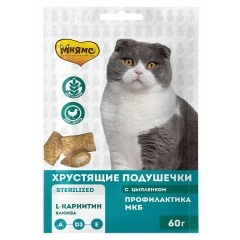 Мнямс лакомство для кошек "Хрустящие подушечки для профилактики МКБ" (цыплёнок, клюква) 60 гр Мнямс лакомство для кошек "Хрустящие подушечки для профилактики МКБ" (цыплёнок, клюква) 60 гр