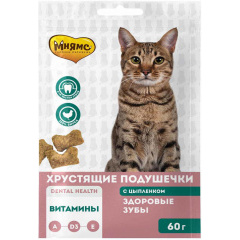 Мнямс хрустящие подушечки для кошек с цыпленком "Здоровые зубы" 60 гр Мнямс хрустящие подушечки для кошек с цыпленком "Здоровые зубы" 60 гр