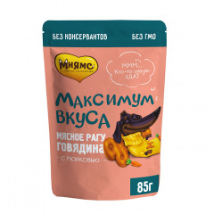 Пауч Мнямс мясное рагу с говядиной и морковью для собак "Максимум вкуса" 85 г Пауч Мнямс мясное рагу с говядиной и морковью для собак "Максимум вкуса" 85 г
